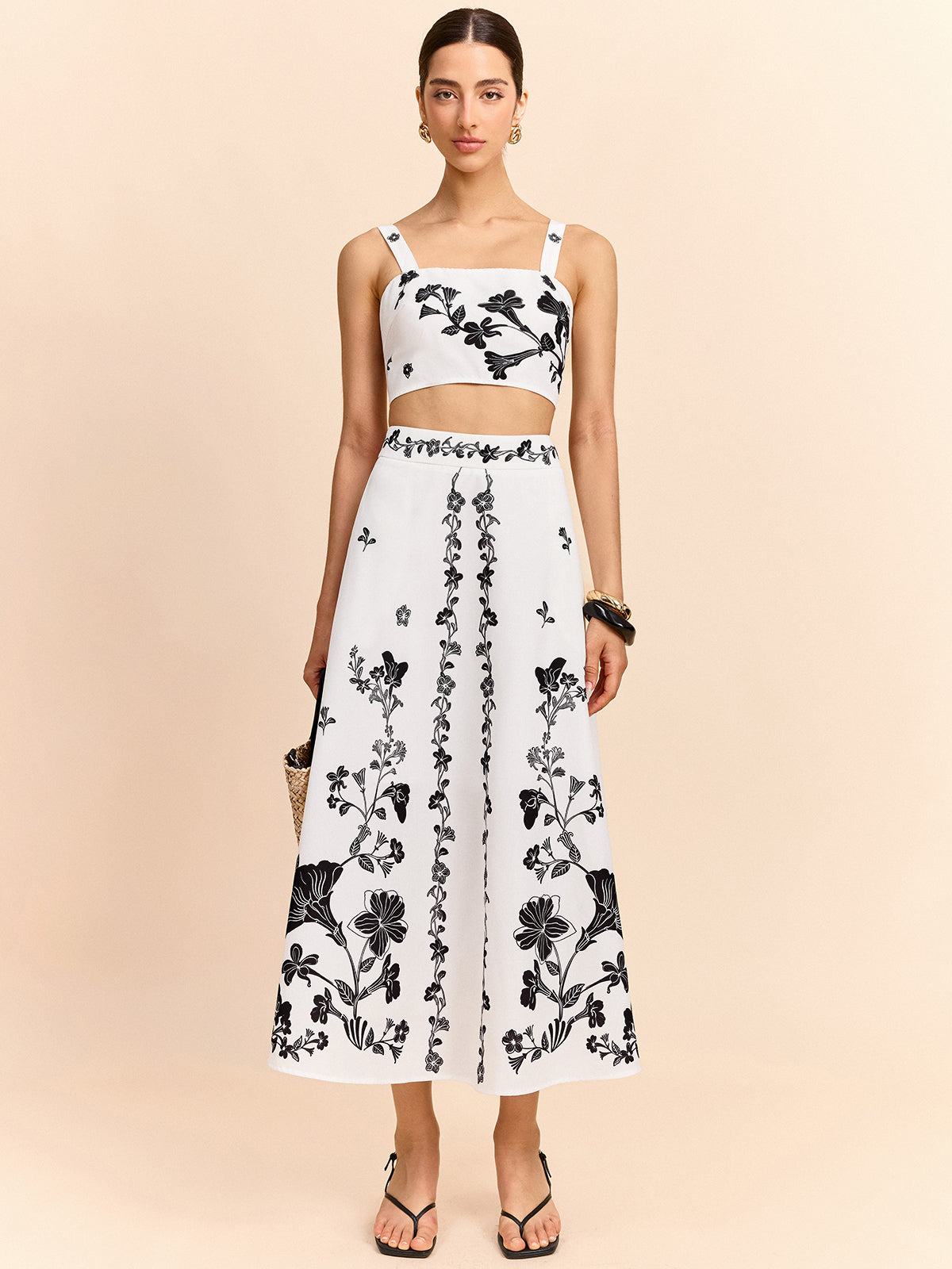 Floral Embroidered Crop Top and Midi Skirt Set-Massicos