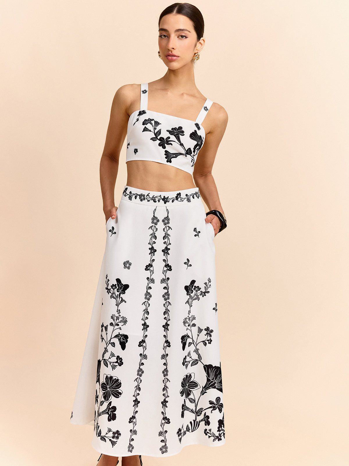 Floral Embroidered Crop Top and Midi Skirt Set-Massicos