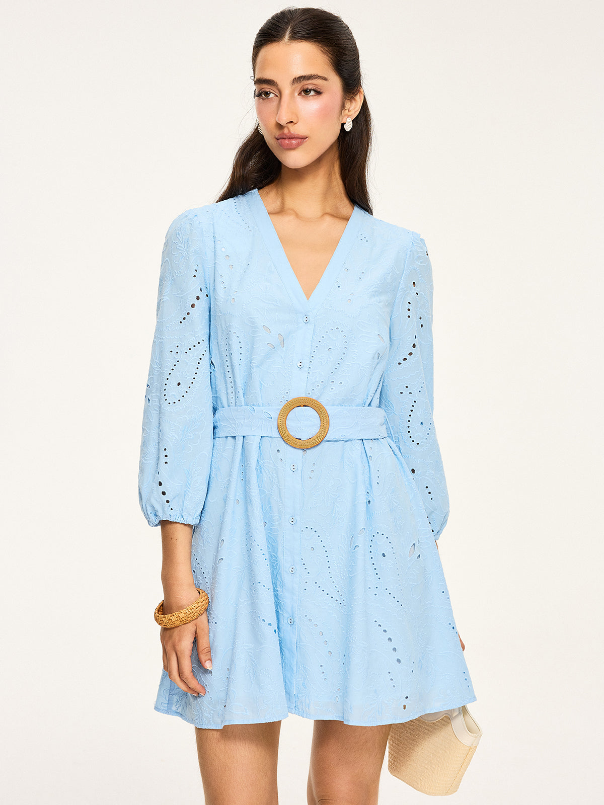 Belted Eyelet Mini Dress-Massicos