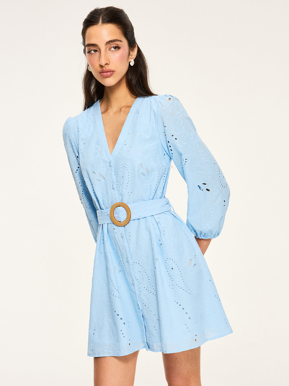 Belted Eyelet Mini Dress-Massicos