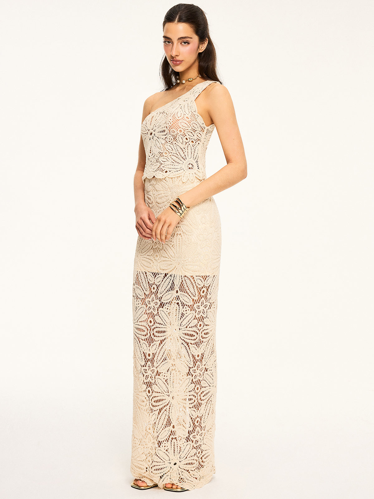 One-Shoulder Crochet Crop Top and Maxi Skirt Set-Massicos