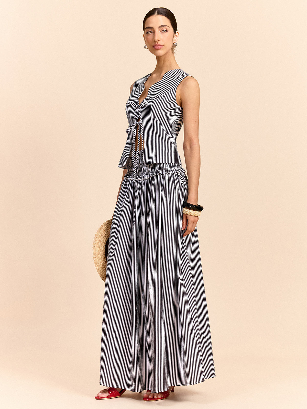 Striped Tie-Front Top and Skirt Set-Massicos