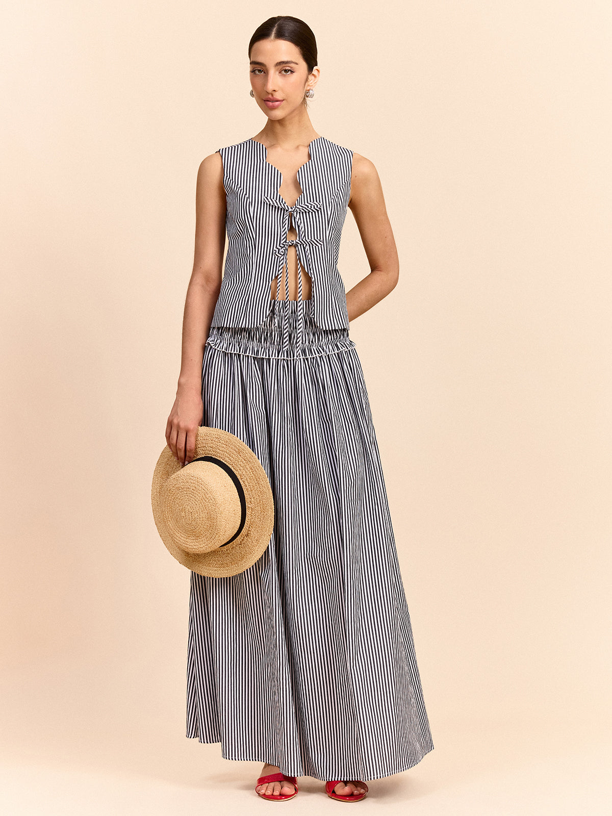 Striped Tie-Front Top and Skirt Set-Massicos