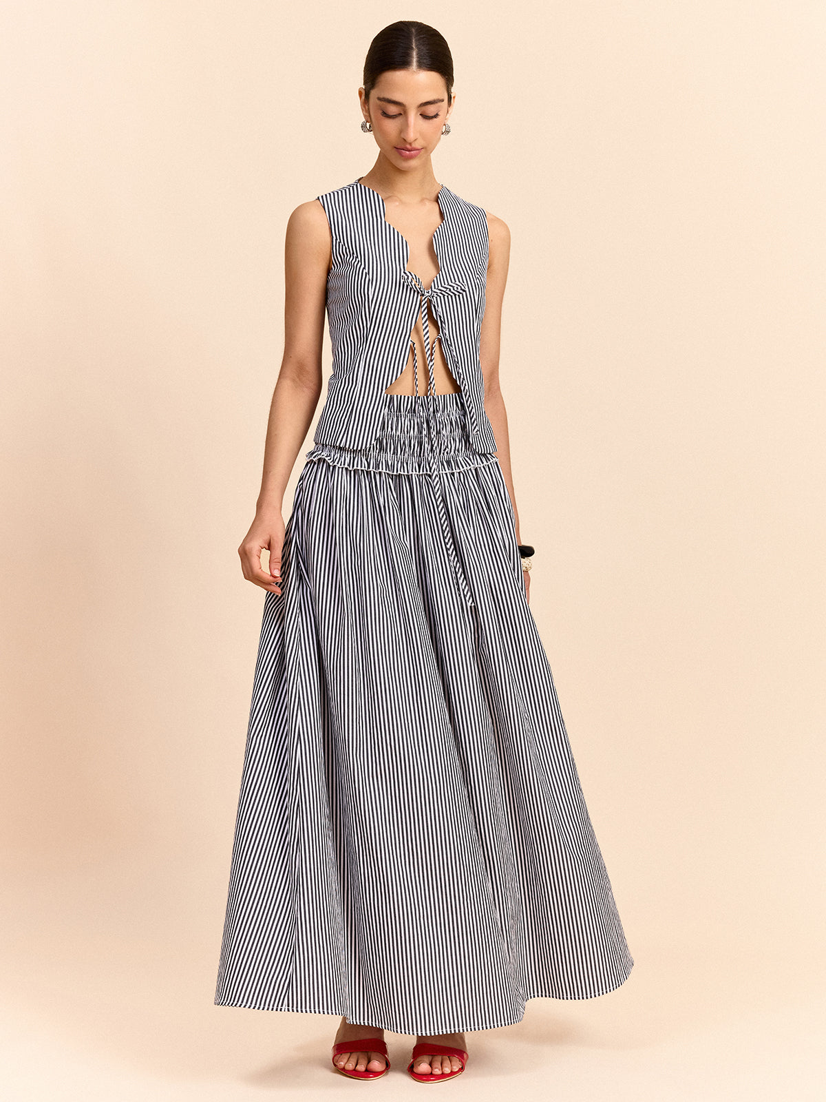 Striped Tie-Front Top and Skirt Set-Massicos