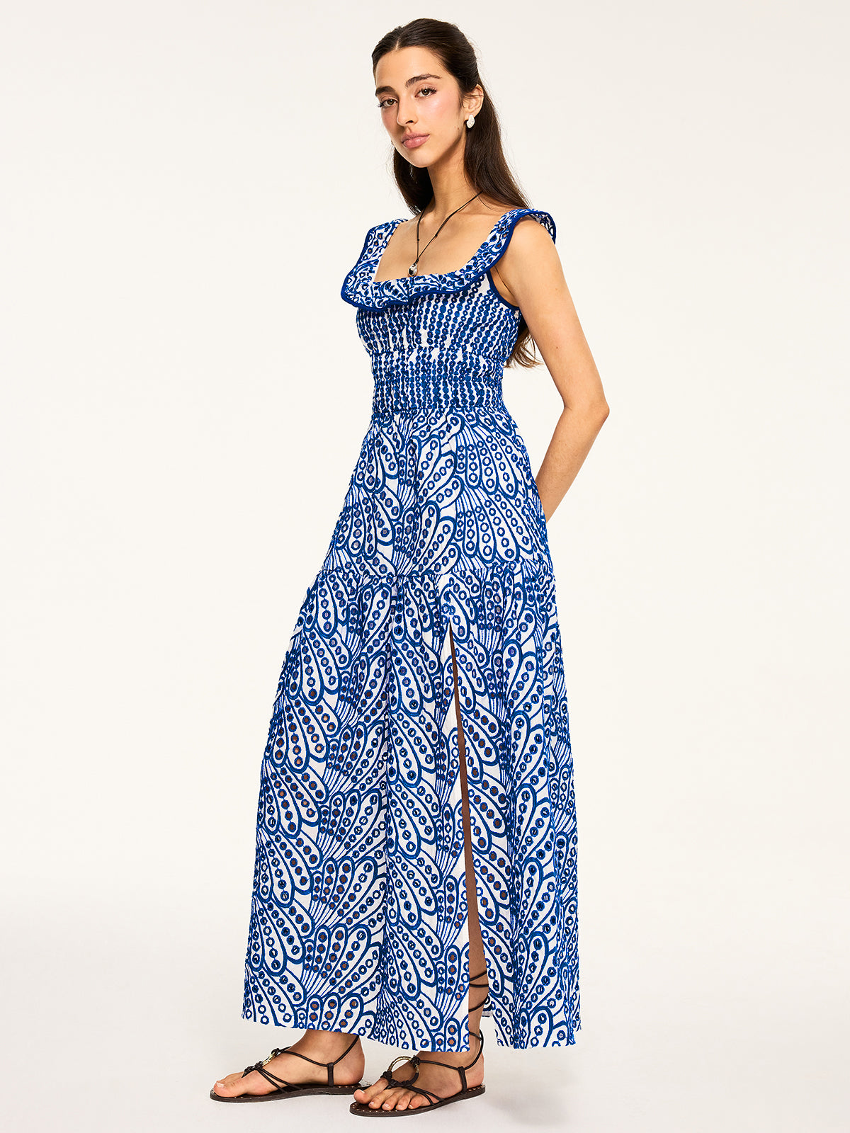 Semi-Sheer Embroidered Maxi Dress with Ruffled Trim-Massicos