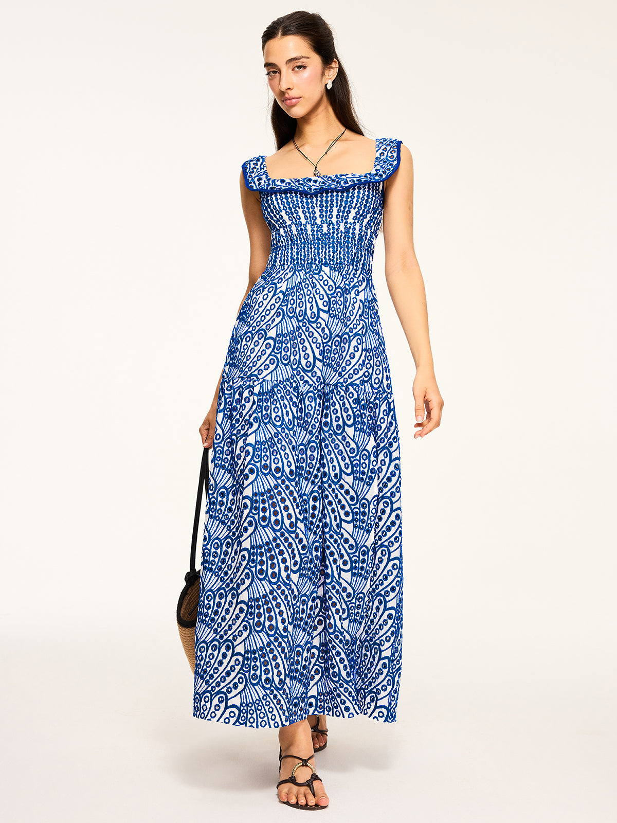 Semi-Sheer Embroidered Maxi Dress with Ruffled Trim-Massicos