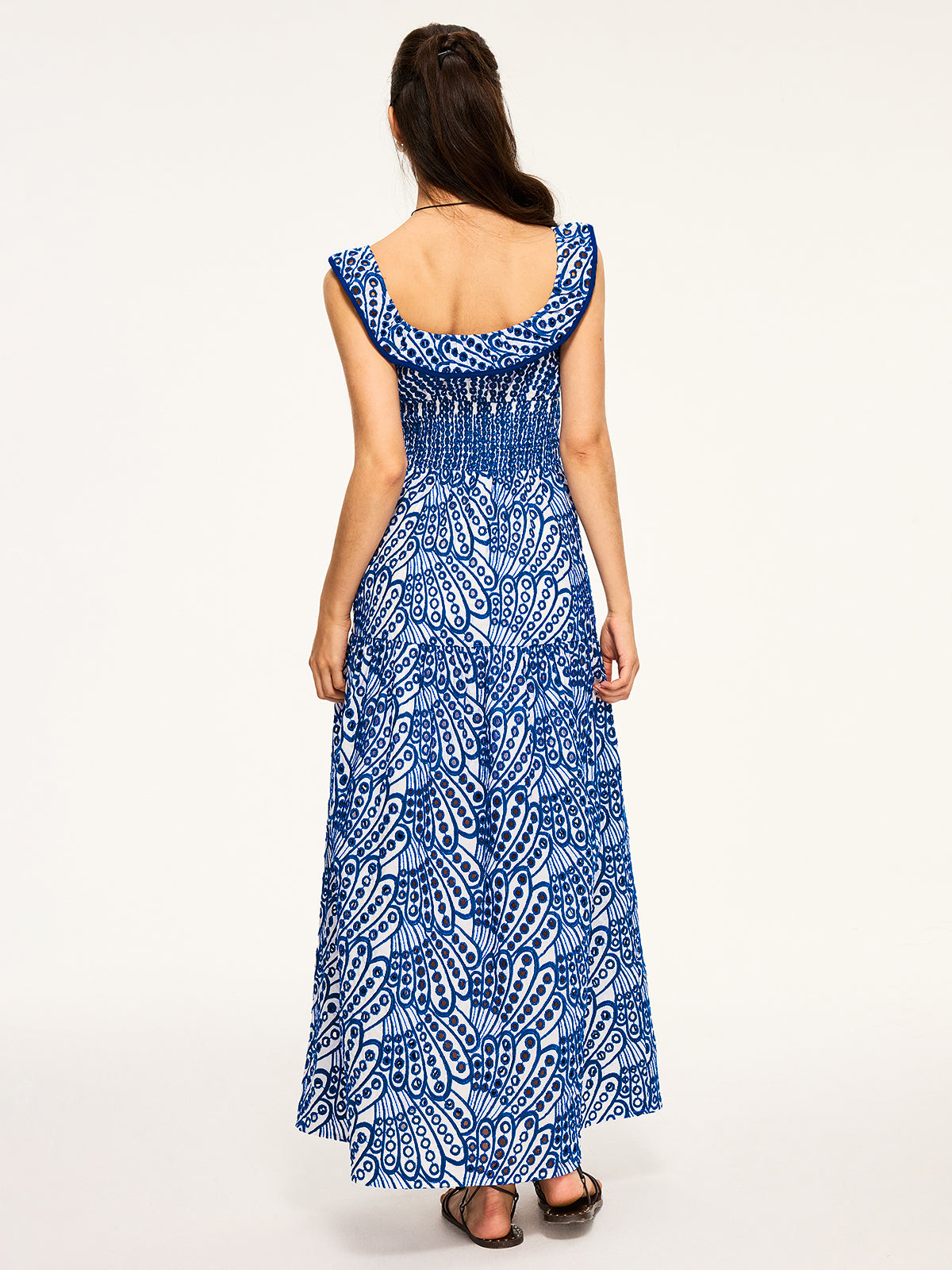 Semi-Sheer Embroidered Maxi Dress with Ruffled Trim-Massicos