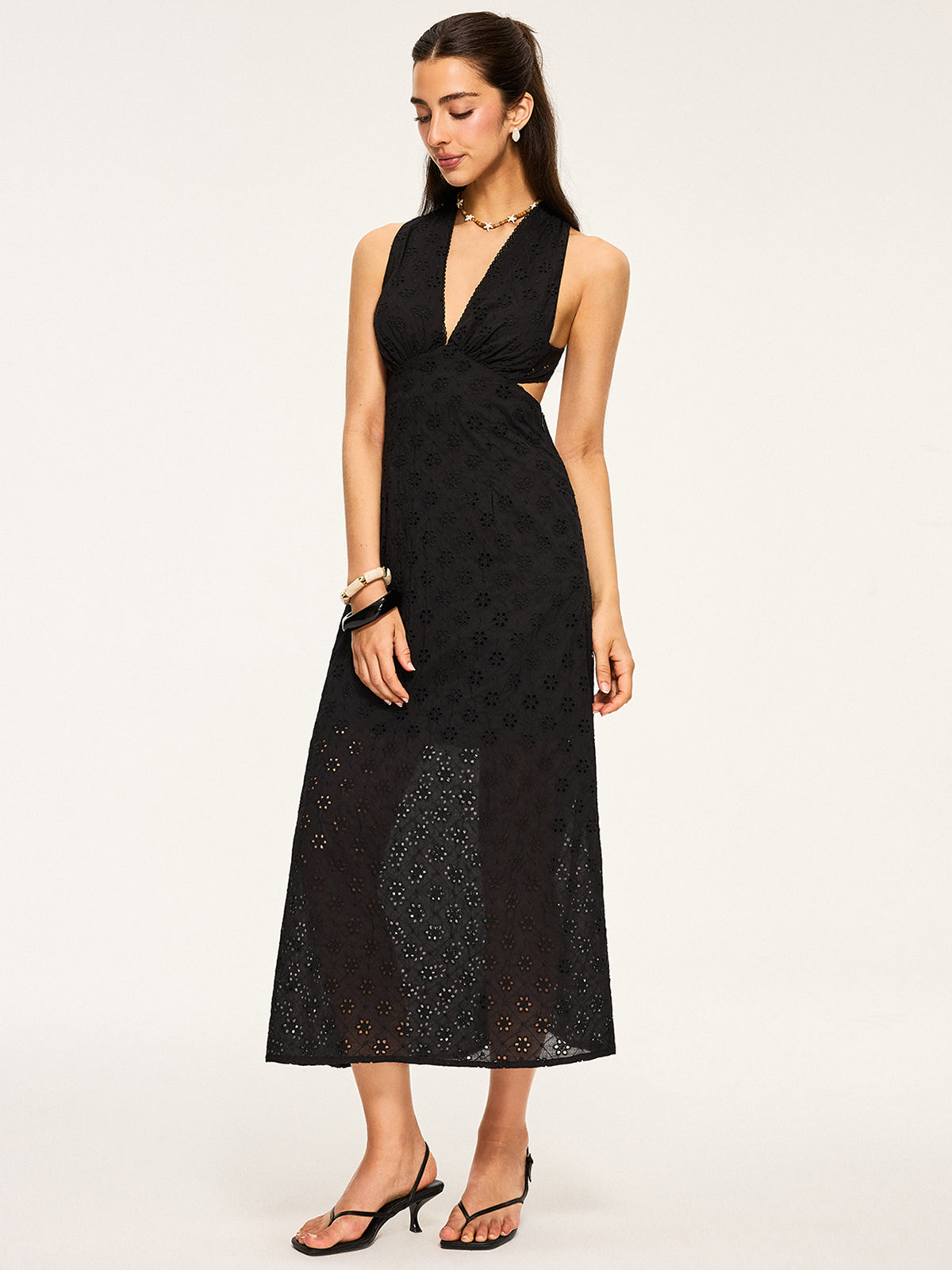 Semi-Sheer Eyelet Backless Criss-Cross Midi Dress-Massicos