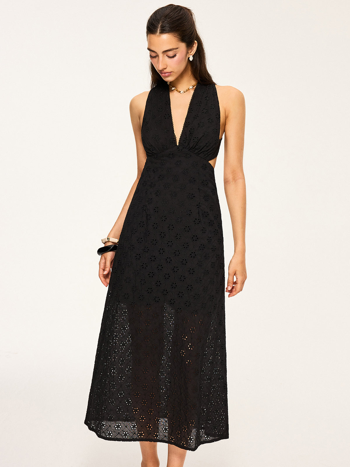 Semi-Sheer Eyelet Backless Criss-Cross Midi Dress-Massicos