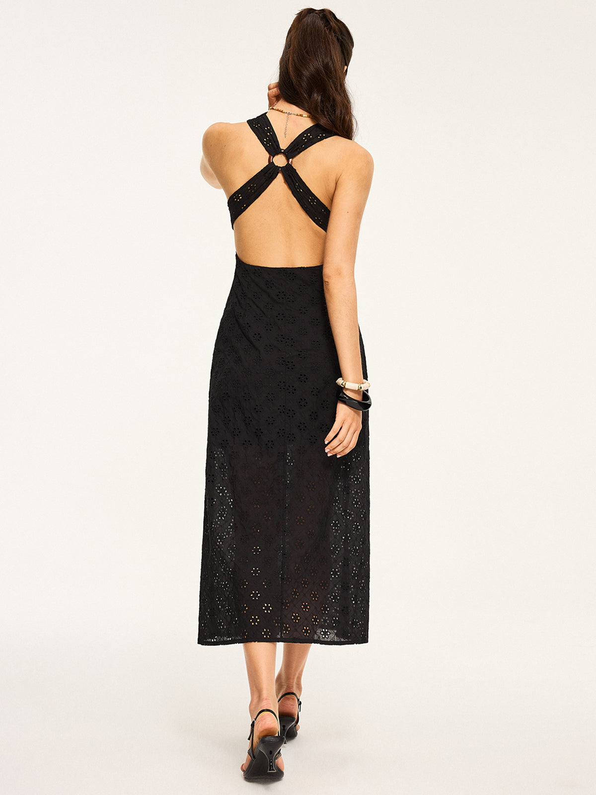 Semi-Sheer Eyelet Backless Criss-Cross Midi Dress-Massicos