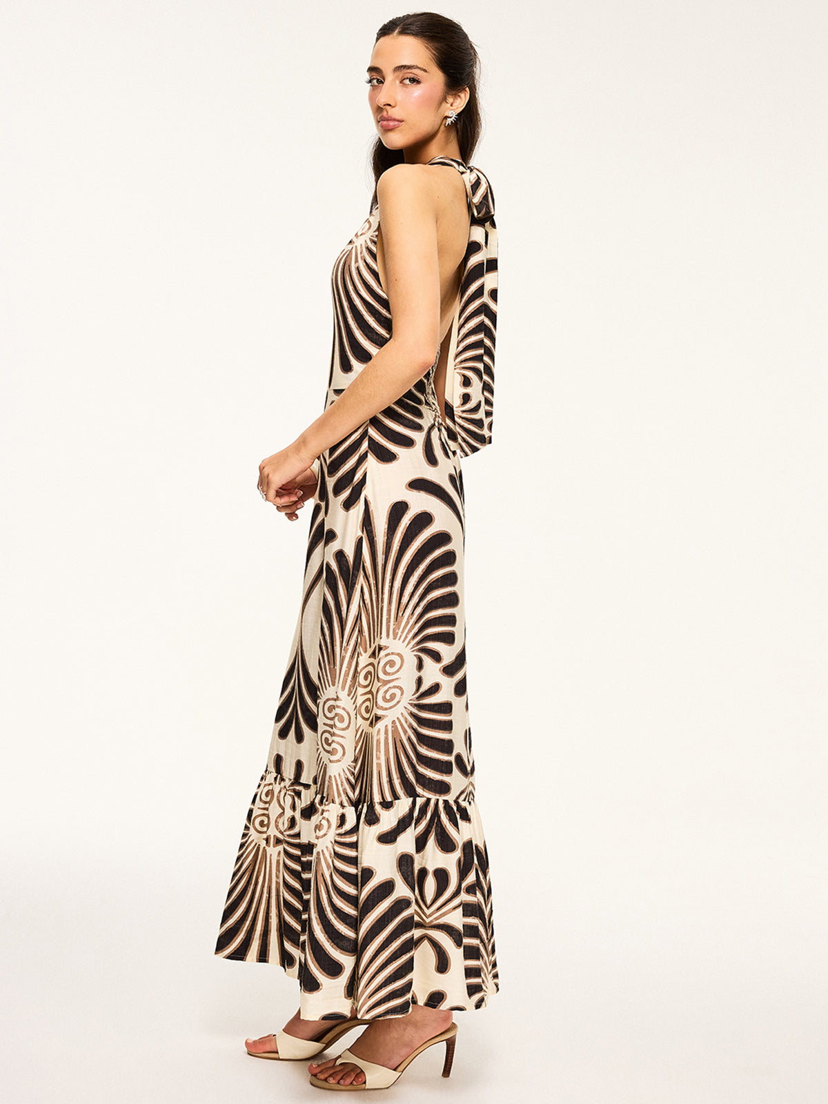 Printed Halter Backless Maxi Dress-Massicos