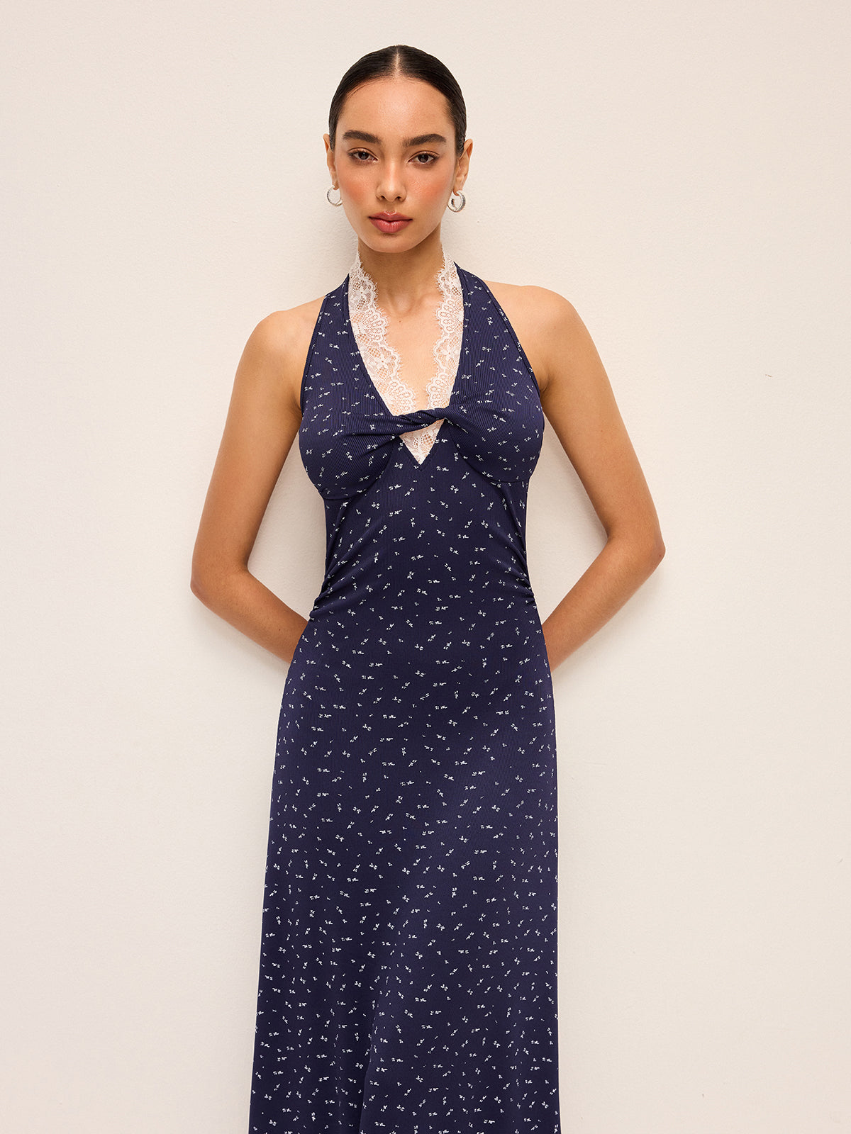 Lace Trim Halter Neck Printed Dress-Massicos