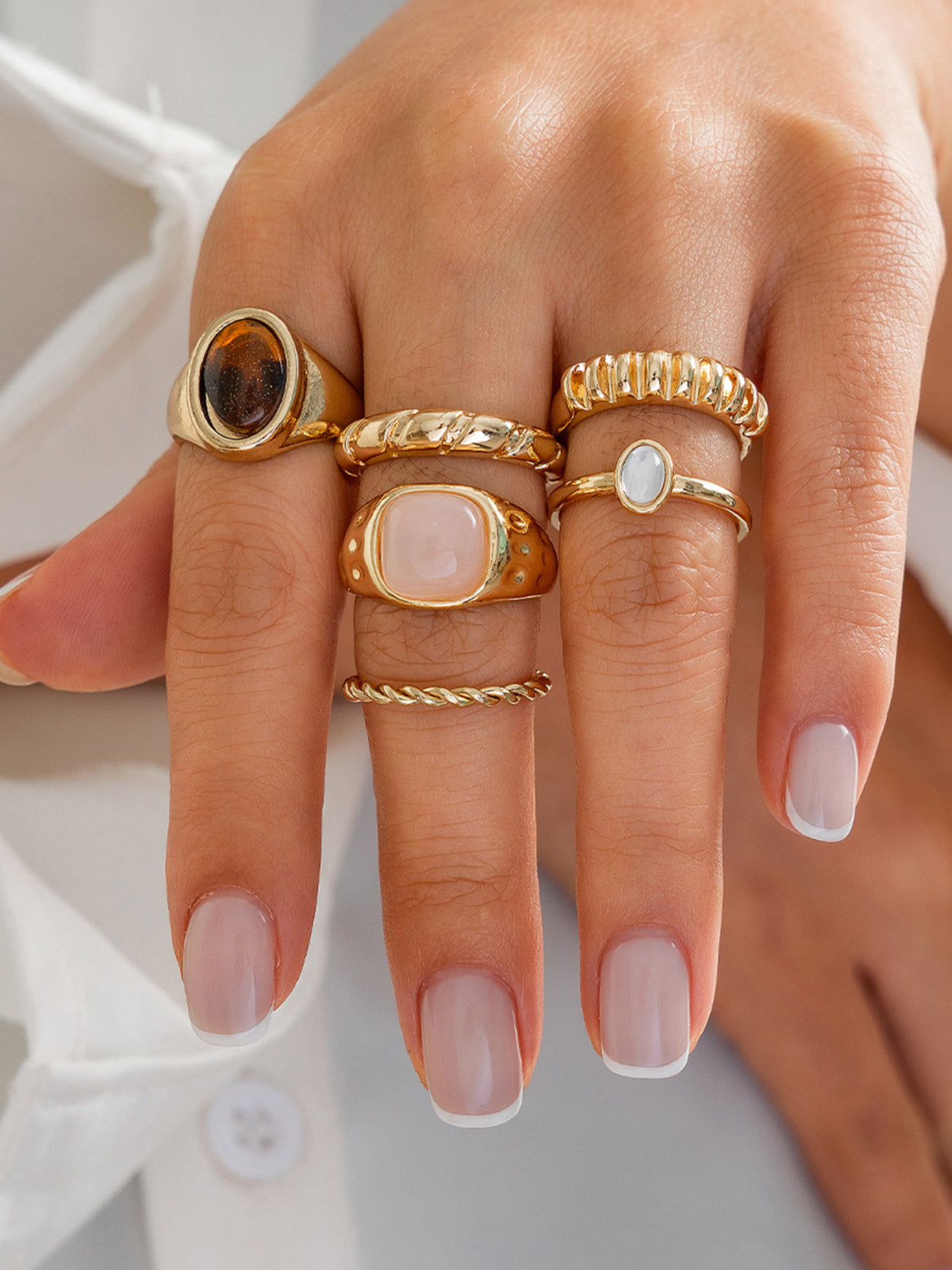 Six-Piece Mixed Stone & Texture Ring Set-Massicos