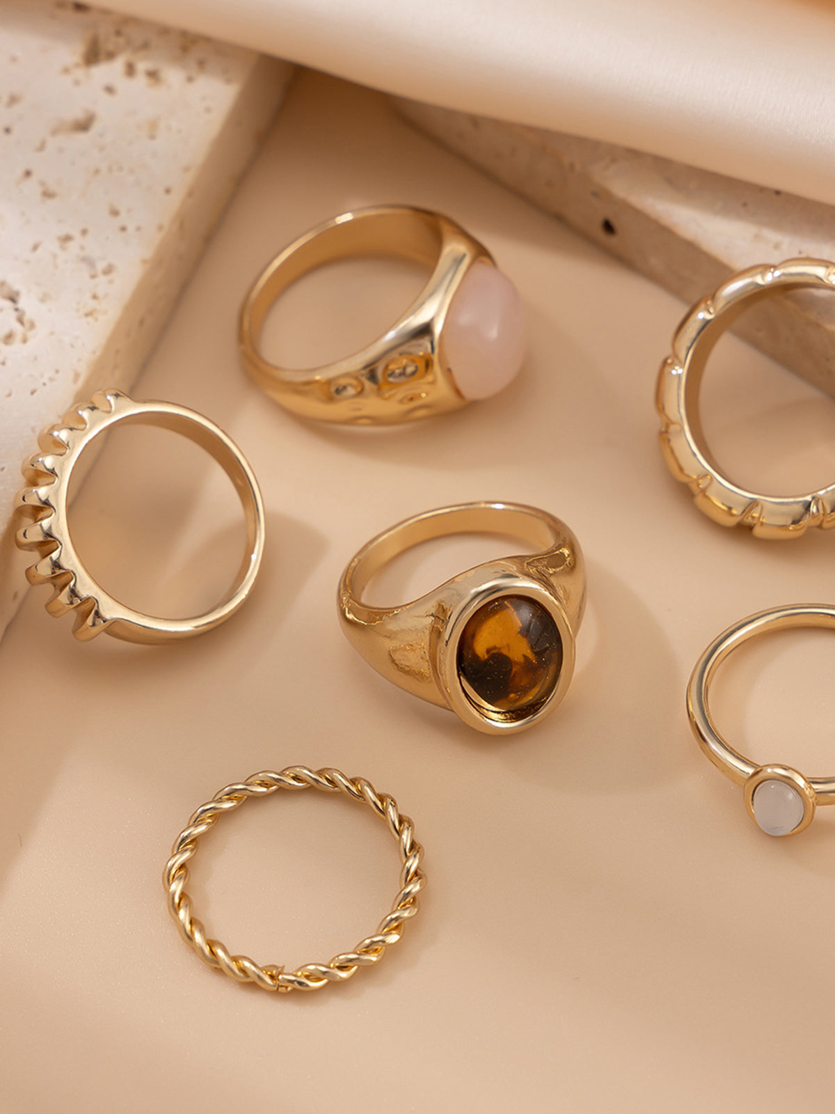 Six-Piece Mixed Stone & Texture Ring Set-Massicos