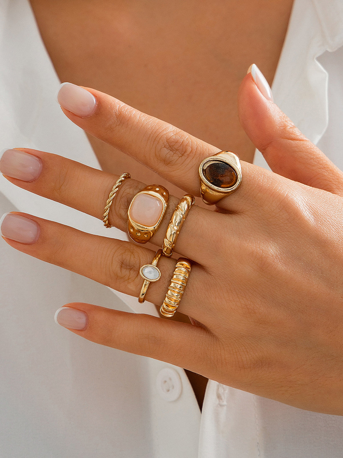 Six-Piece Mixed Stone & Texture Ring Set-Massicos