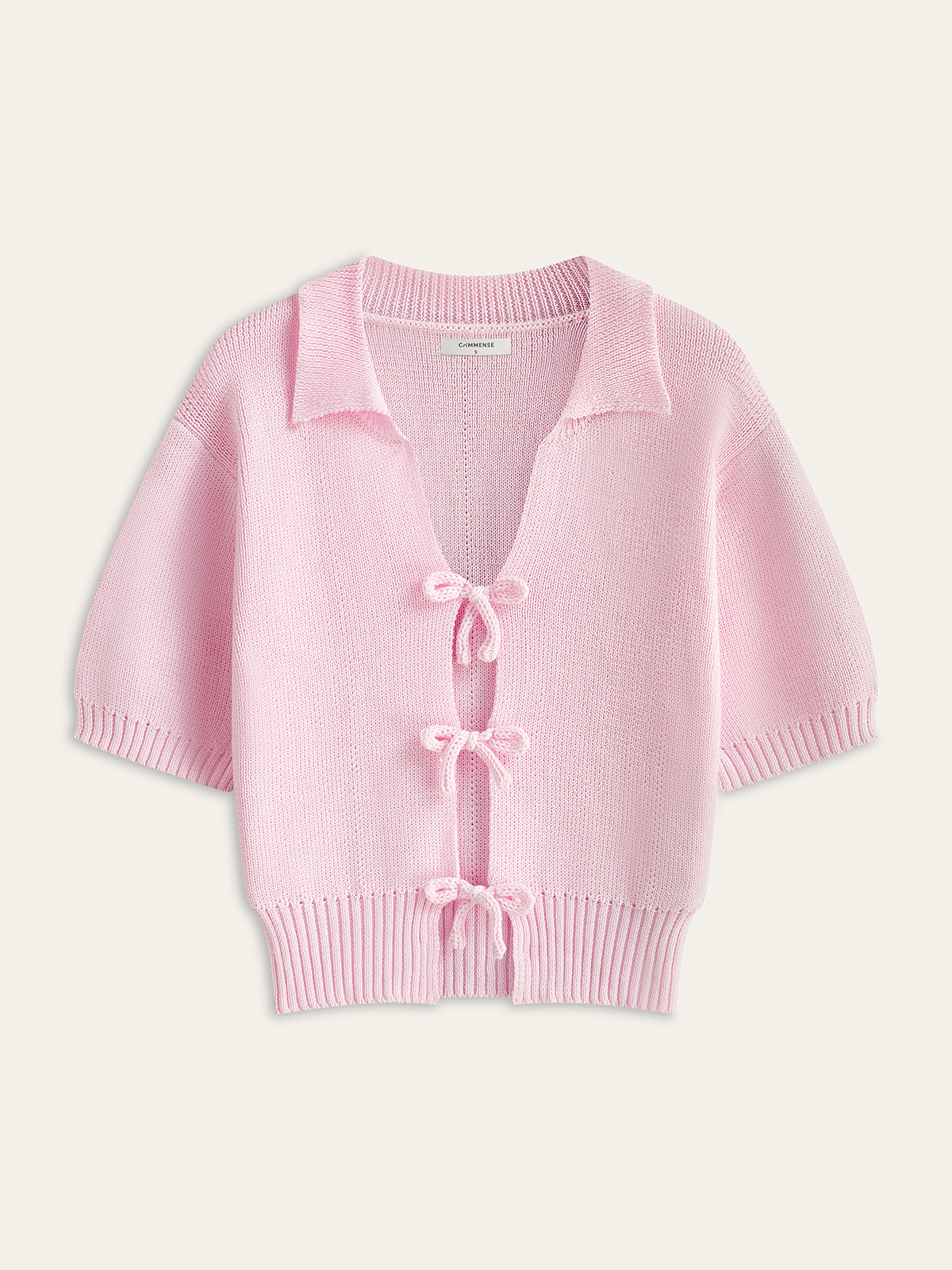 Short-Sleeved Knit Top with Bow Detail-Massicos