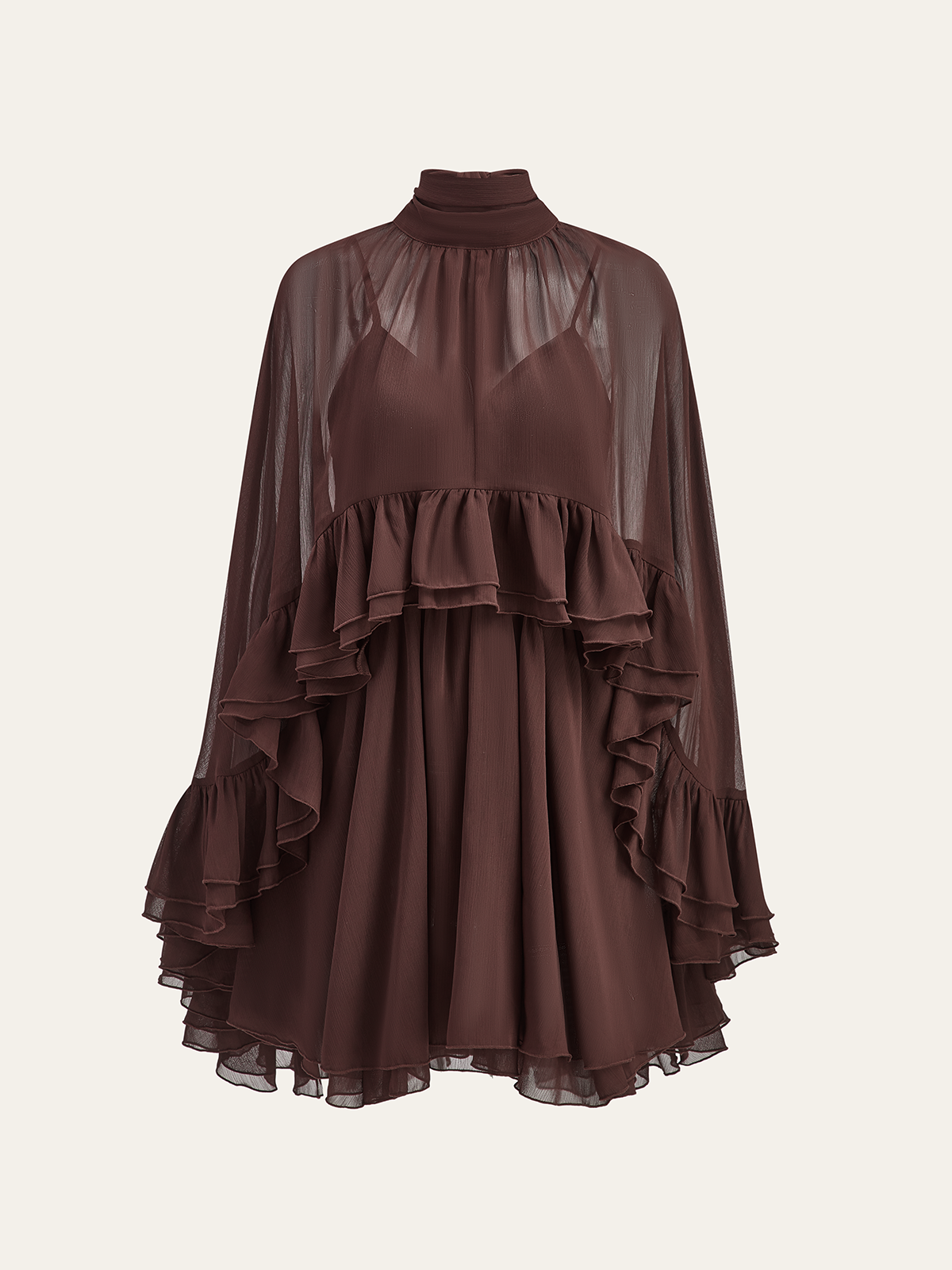 Semi-Sheer Chiffon Ruffle Dress With Outer Cape-Massicos