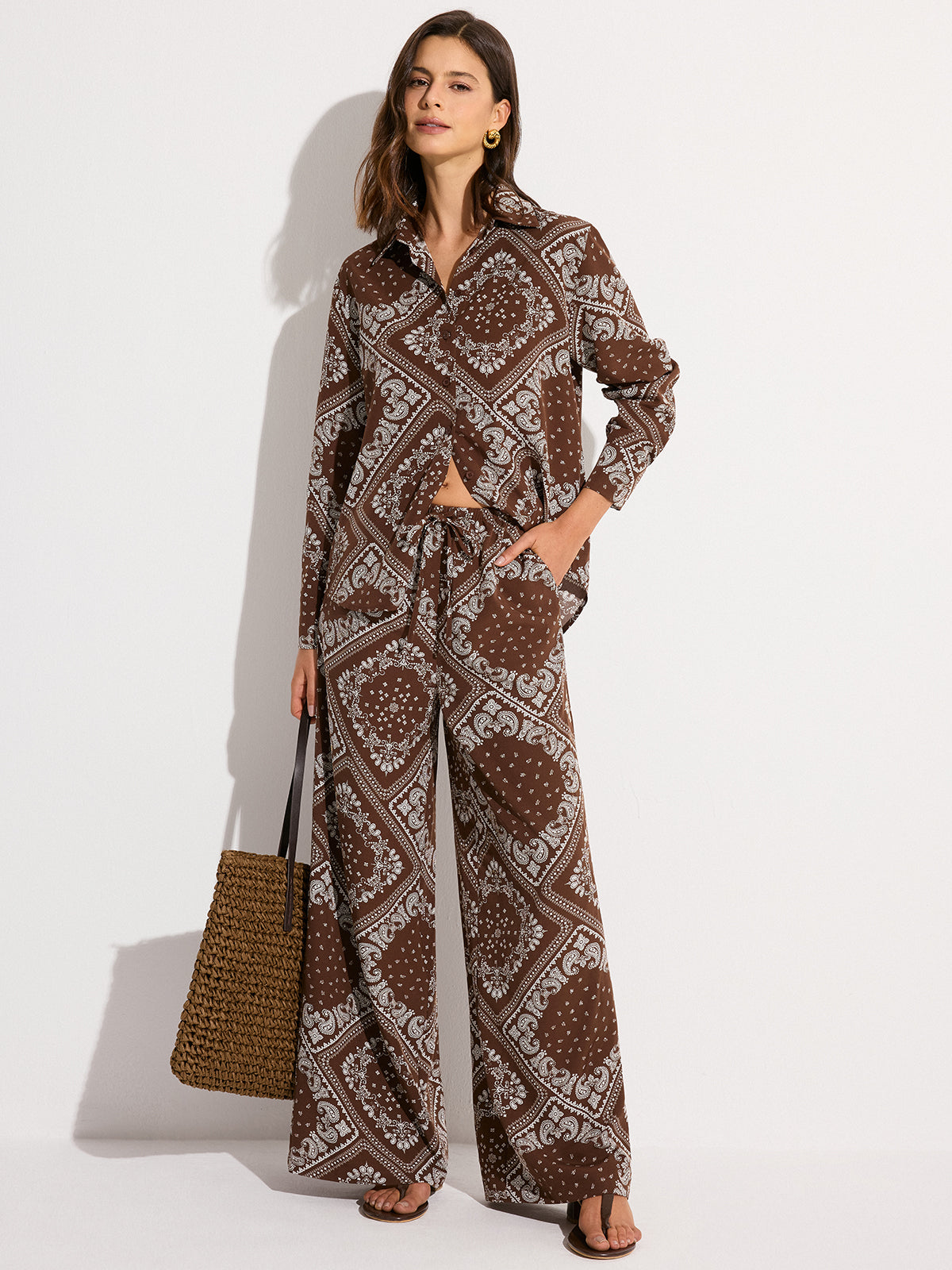 Paisley Print Pocketed Wide-Leg Pants-Massicos