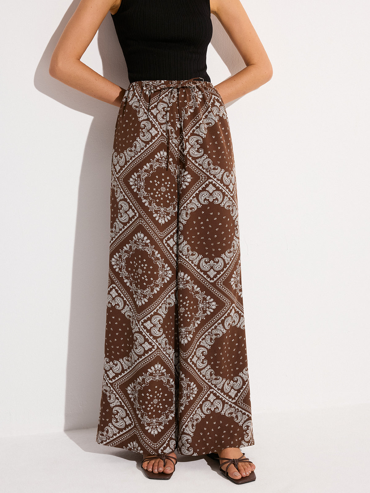 Paisley Print Pocketed Wide-Leg Pants-Massicos