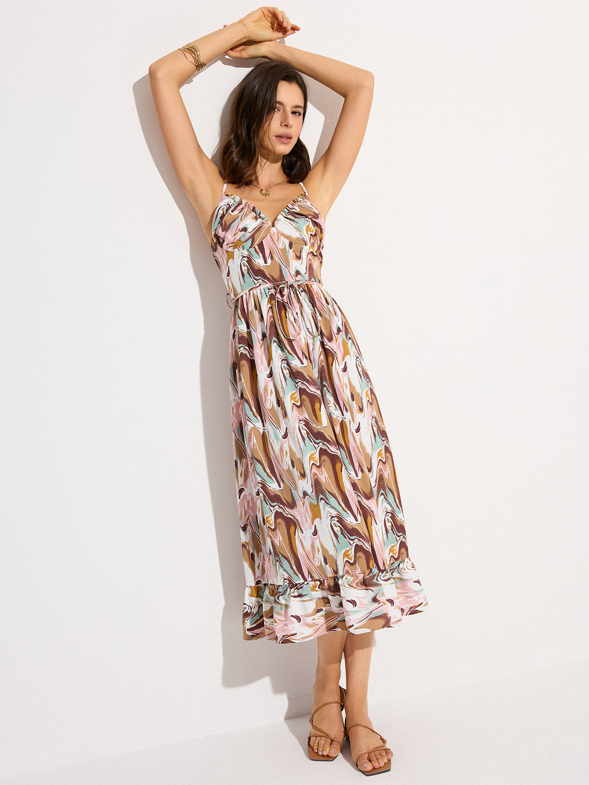 Print Backless Tie-Waist Midi Dress-Massicos