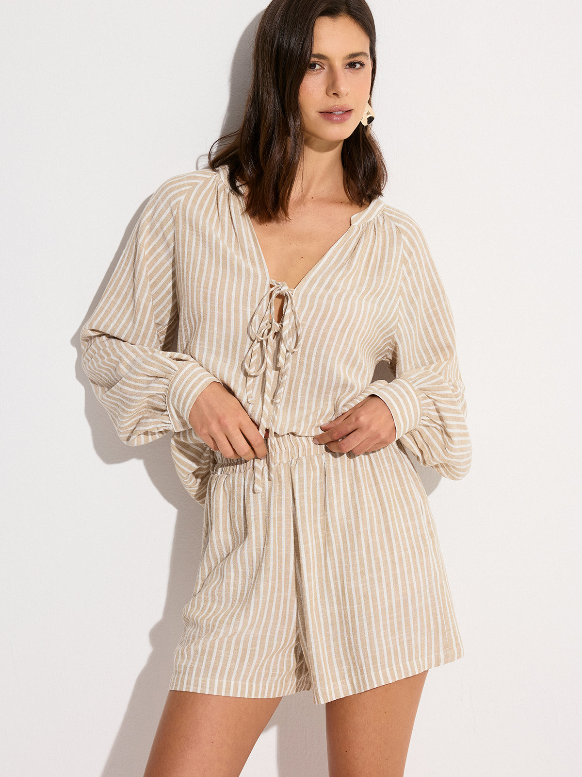 Striped Linen & Cotton Shorts Set-Massicos