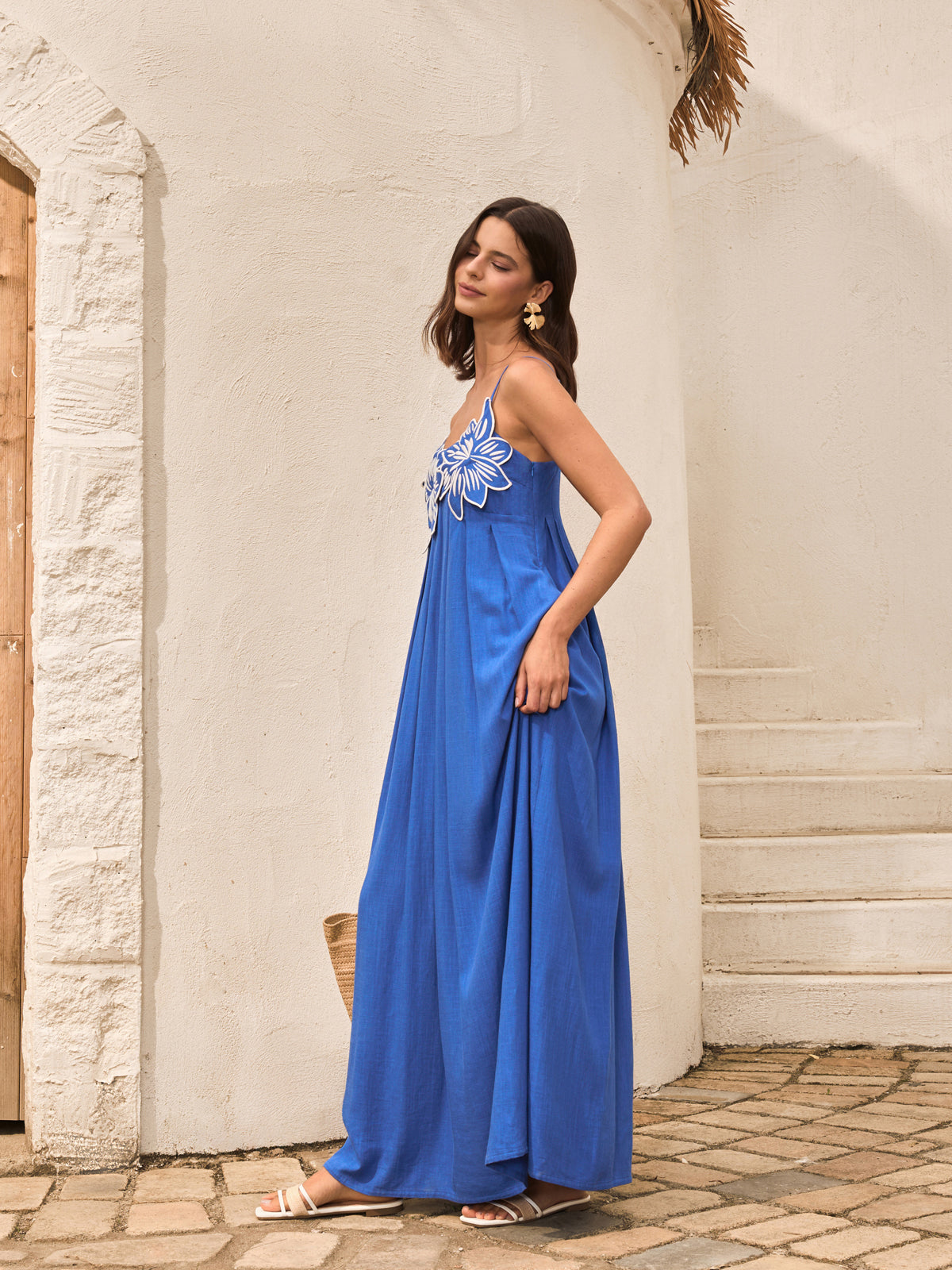 Cotton & Linen Floral Detail Cami Dress With Pockets-Massicos