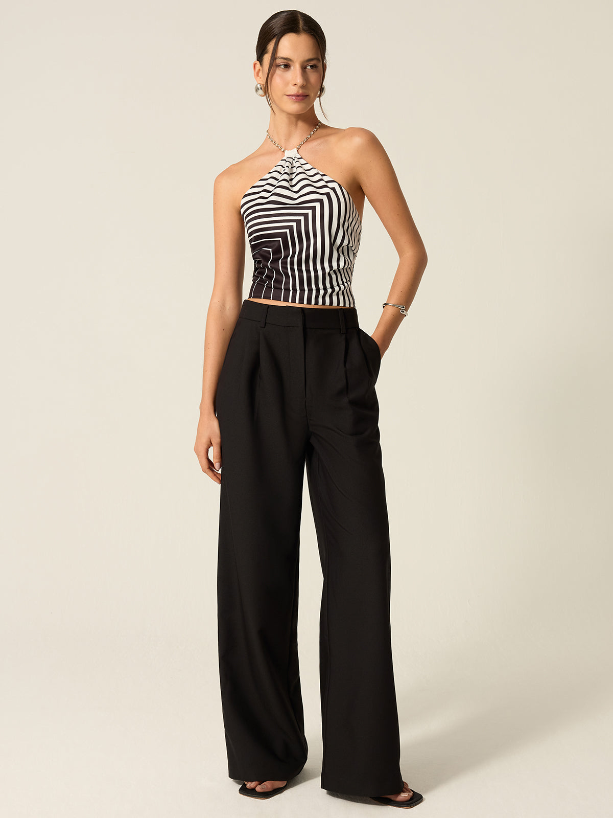Striped Halter Top with Chain Strap-Massicos