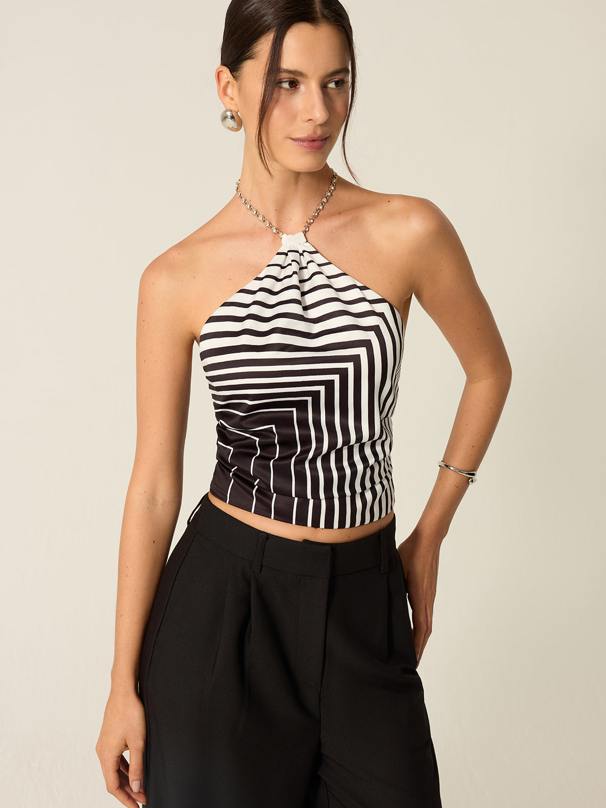 Striped Halter Top with Chain Strap-Massicos