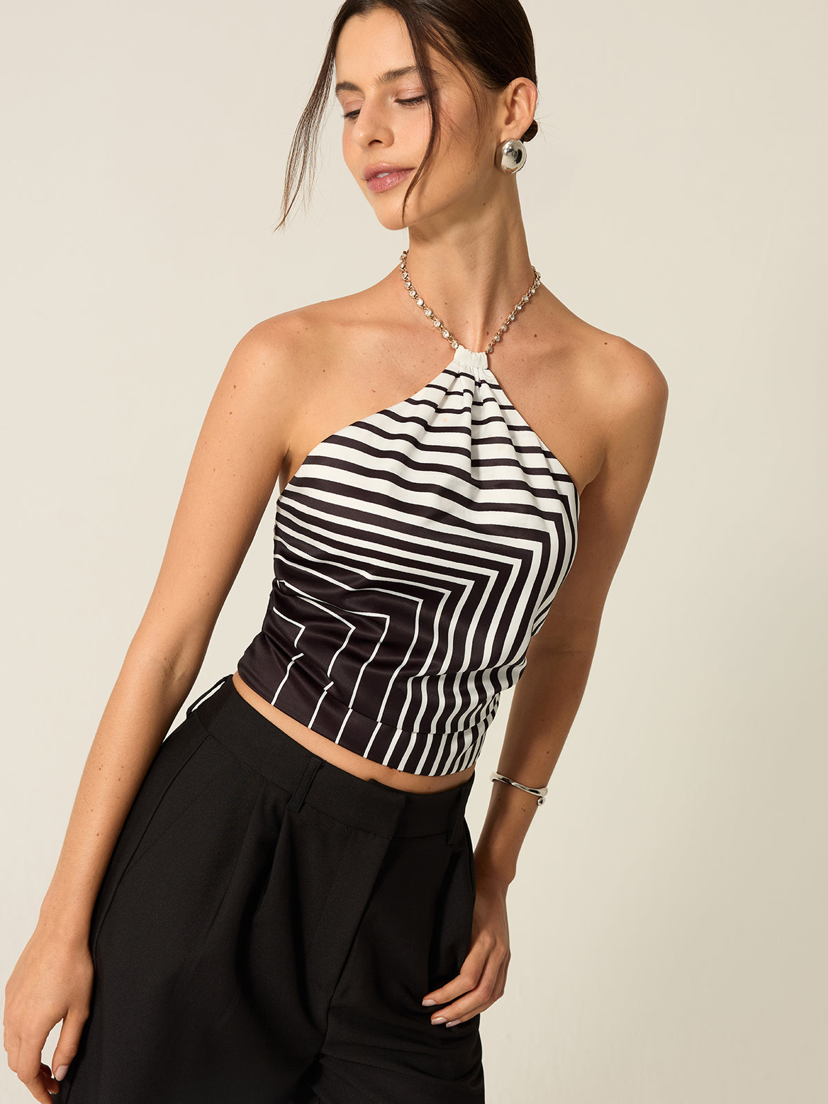 Striped Halter Top with Chain Strap-Massicos