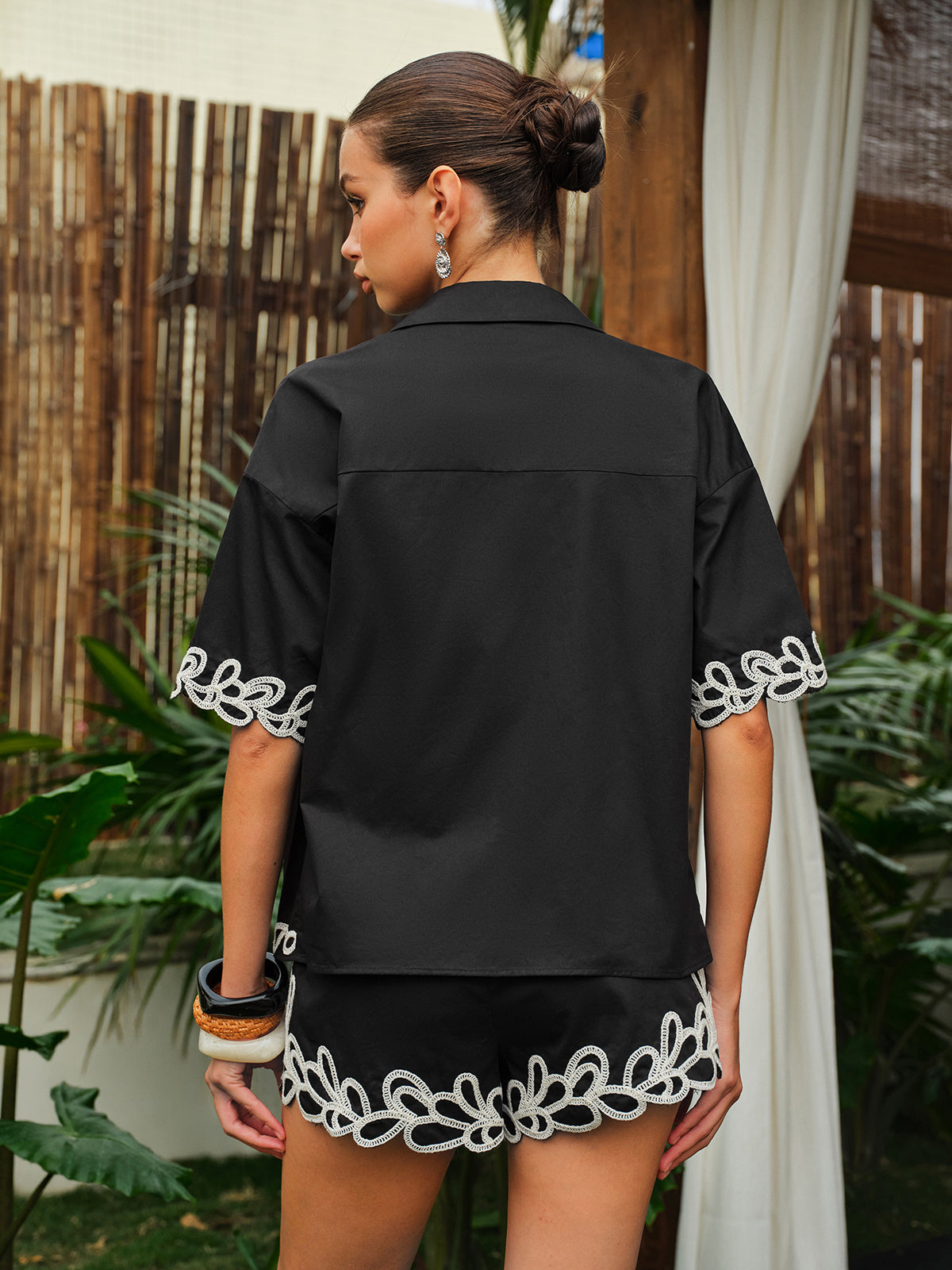 Embroidered Trim Three-Piece Shorts Set-Massicos