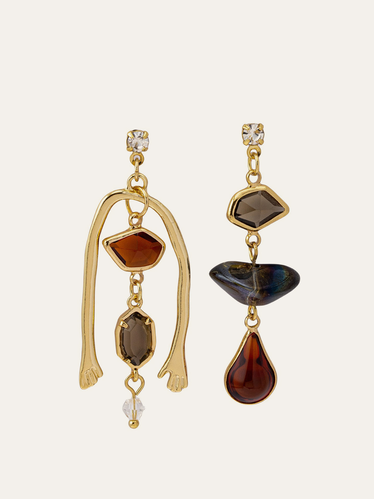 Asymmetrical Gemstone Drop Earrings With Hand Detail-Massicos