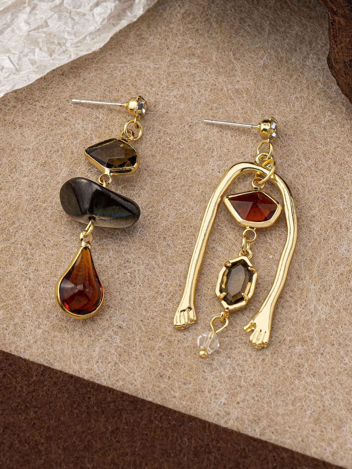 Asymmetrical Gemstone Drop Earrings With Hand Detail-Massicos