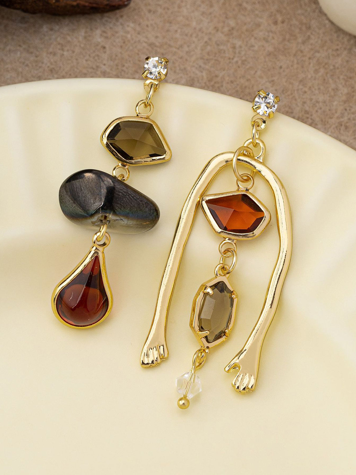 Asymmetrical Gemstone Drop Earrings With Hand Detail-Massicos