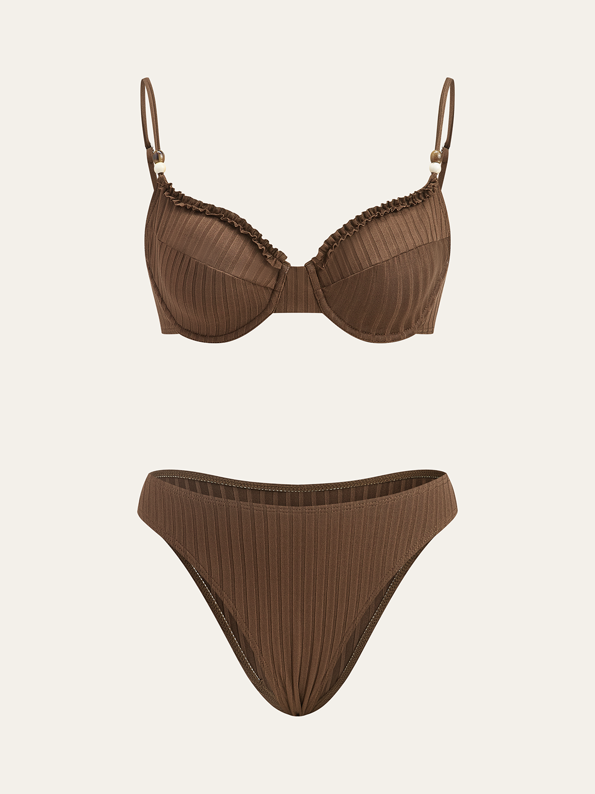 Ribbed Bikini Set with Ruffled Detailing-Massicos