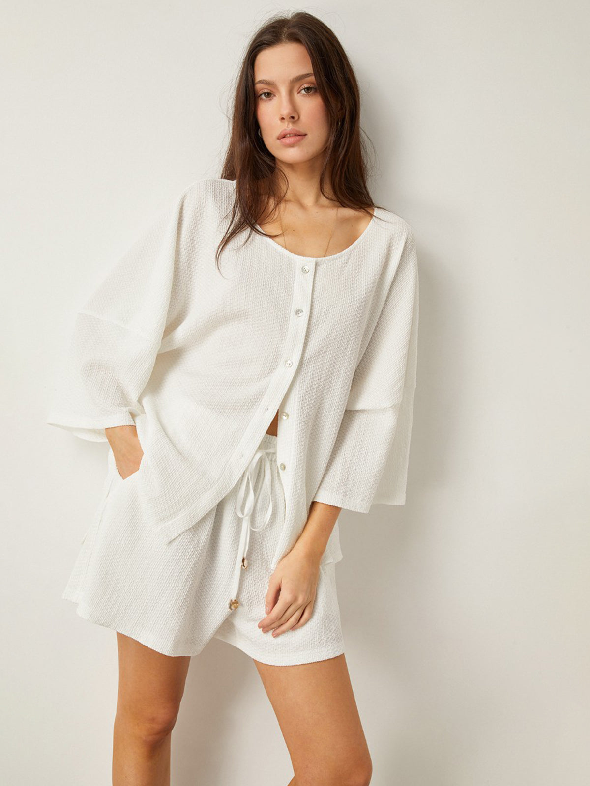 Button-Front Loose-Fit Shorts Set-Massicos