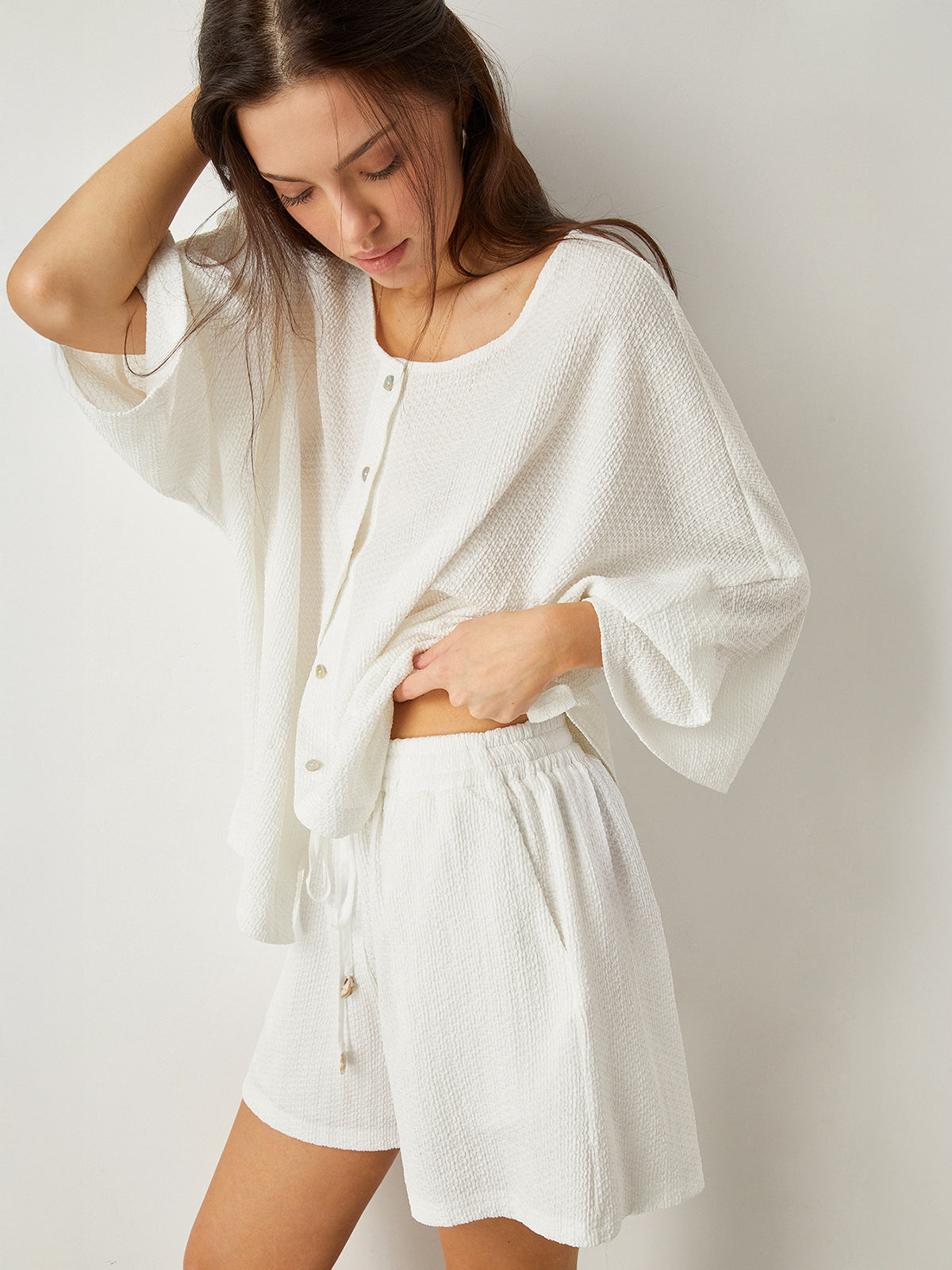Button-Front Loose-Fit Shorts Set-Massicos