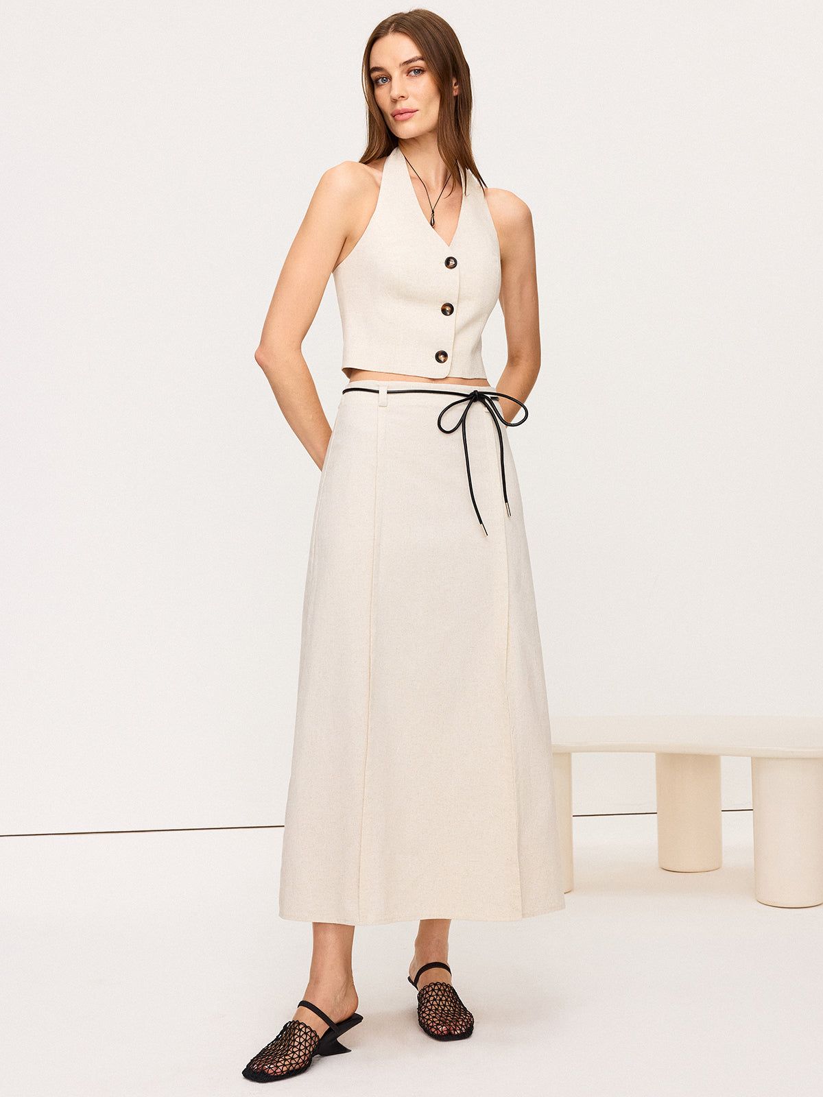 Linen & Cotton Halter Skirt Set with Tie Detail-Massicos