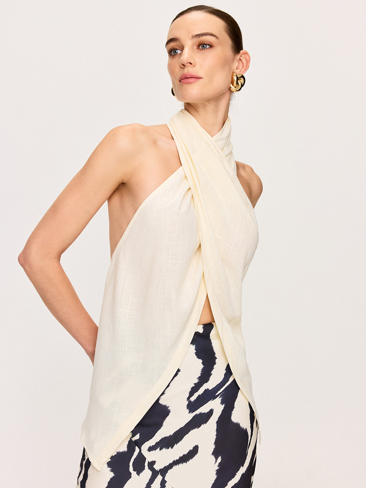 Semi-Sheer Cross-Halter Neck Wrap Top-Massicos