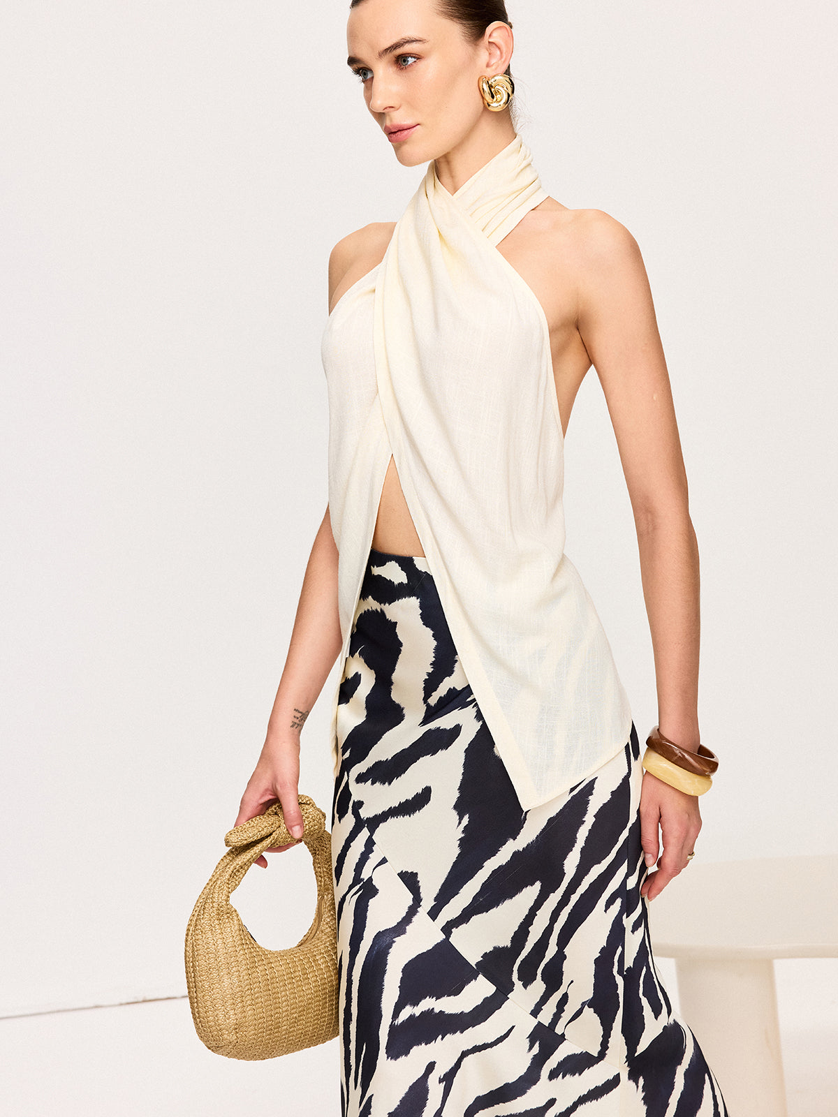 Semi-Sheer Cross-Halter Neck Wrap Top-Massicos