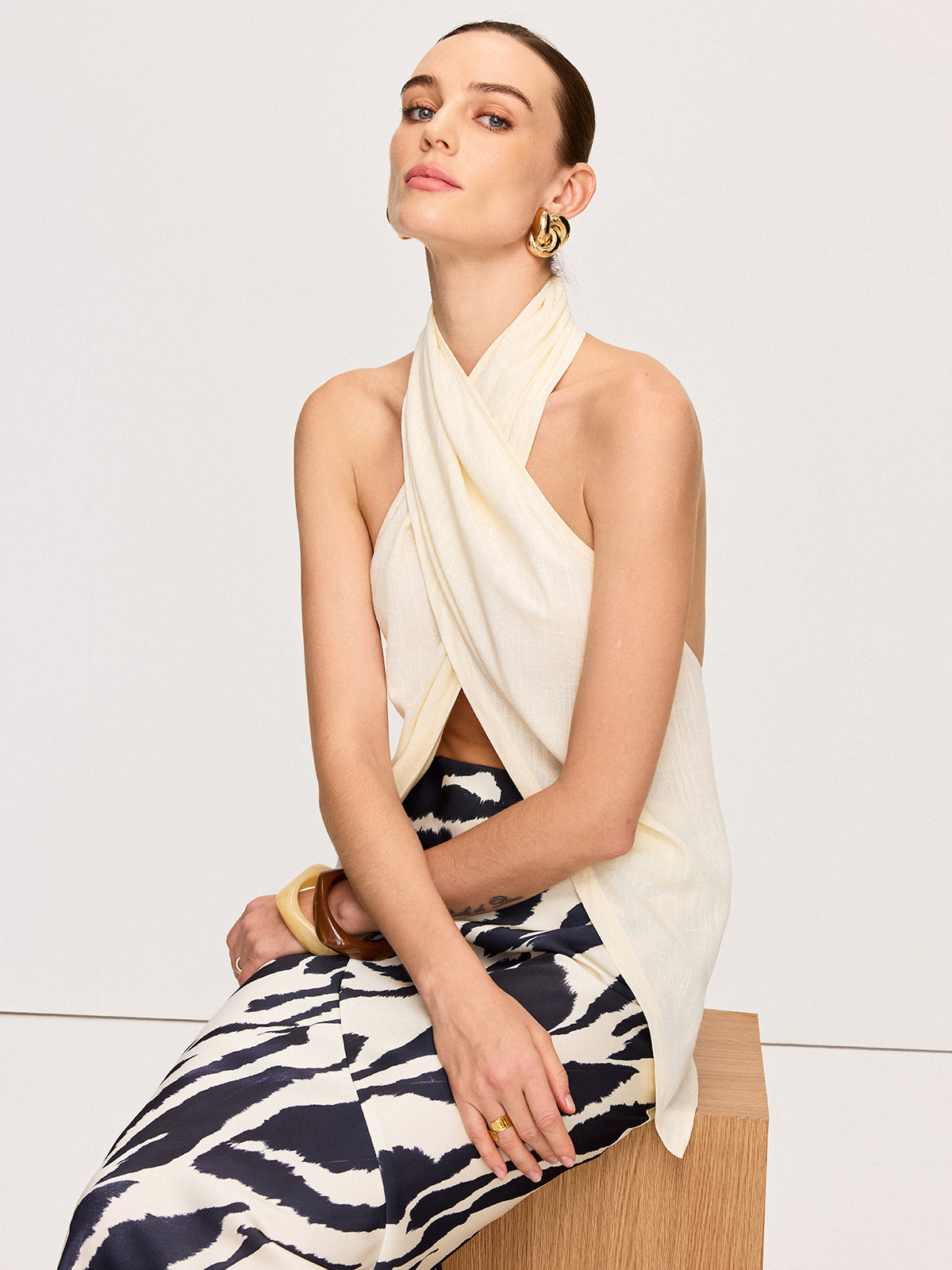 Semi-Sheer Cross-Halter Neck Wrap Top-Massicos