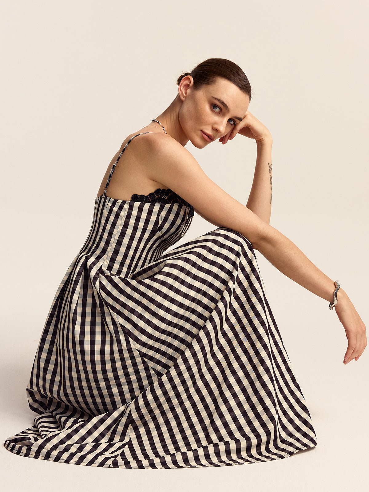 Gingham Spaghetti Strap Midi Dress with Lace Trim-Massicos
