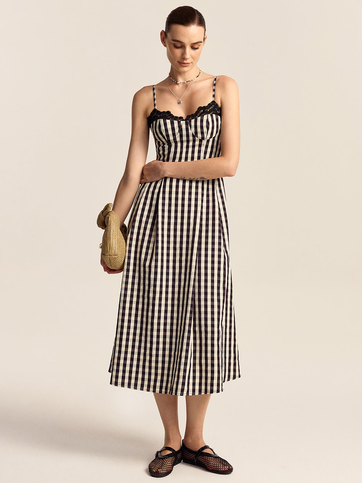 Gingham Spaghetti Strap Midi Dress with Lace Trim-Massicos