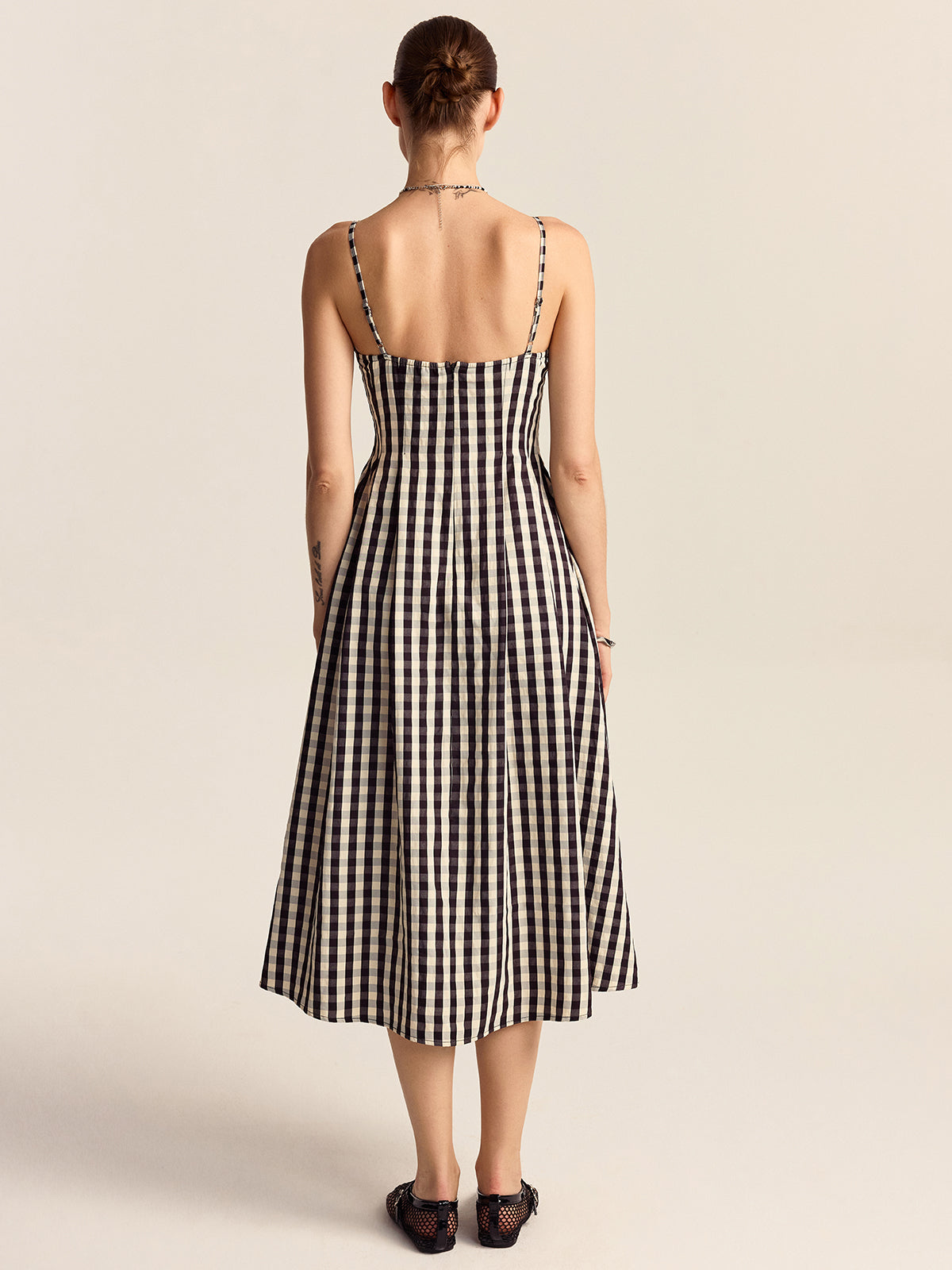 Gingham Spaghetti Strap Midi Dress with Lace Trim-Massicos