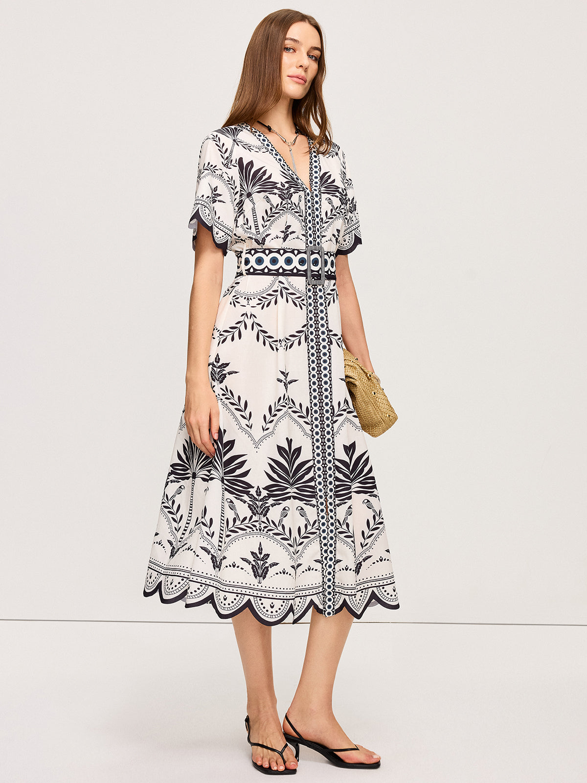 Boho Floral V-Neck Midi Dress-Massicos