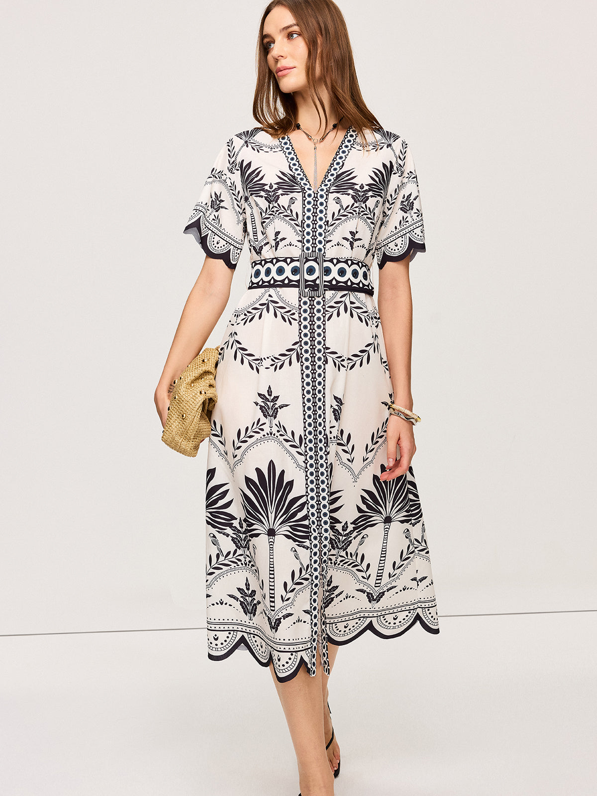 Boho Floral V-Neck Midi Dress-Massicos