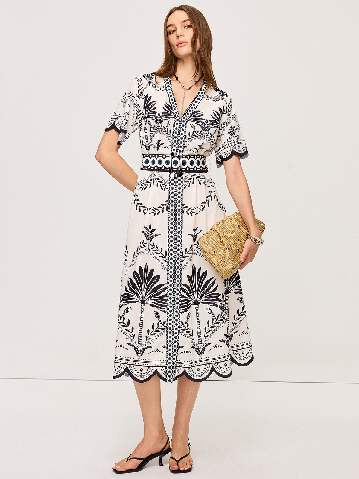 Boho Floral V-Neck Midi Dress-Massicos