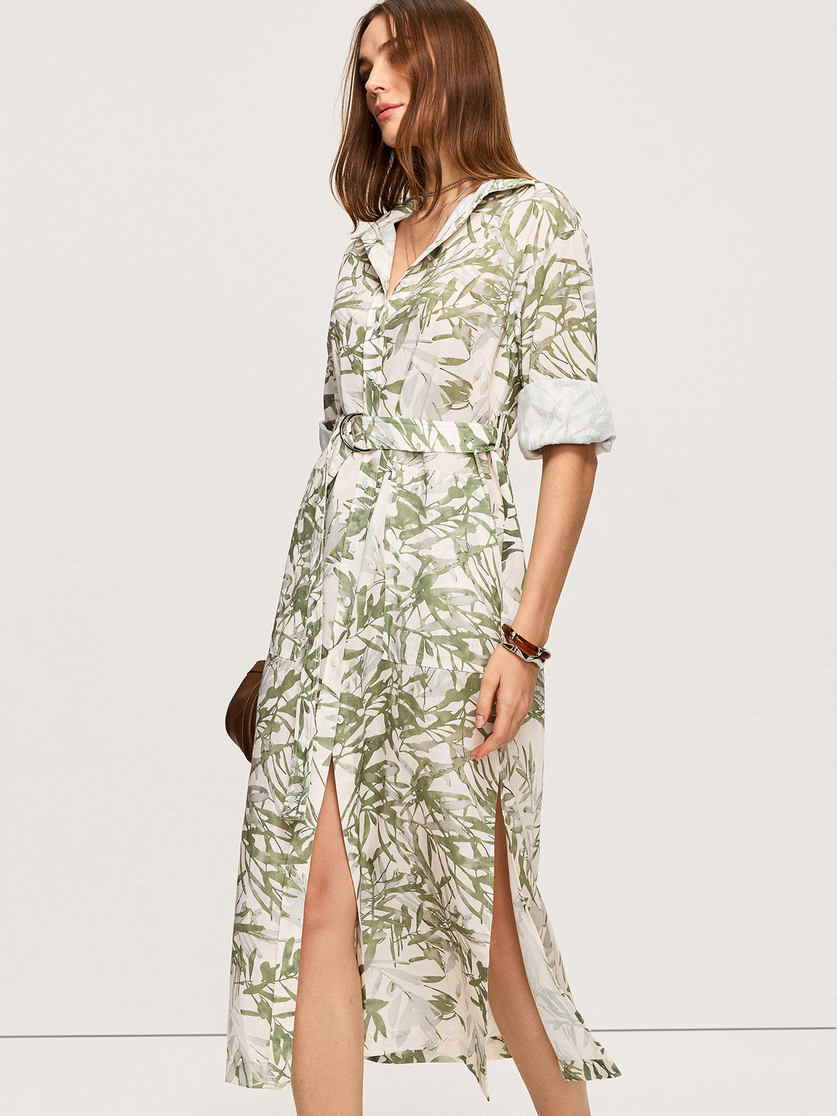 Leaf Printed  Belted Midi Dress with Slits-Massicos