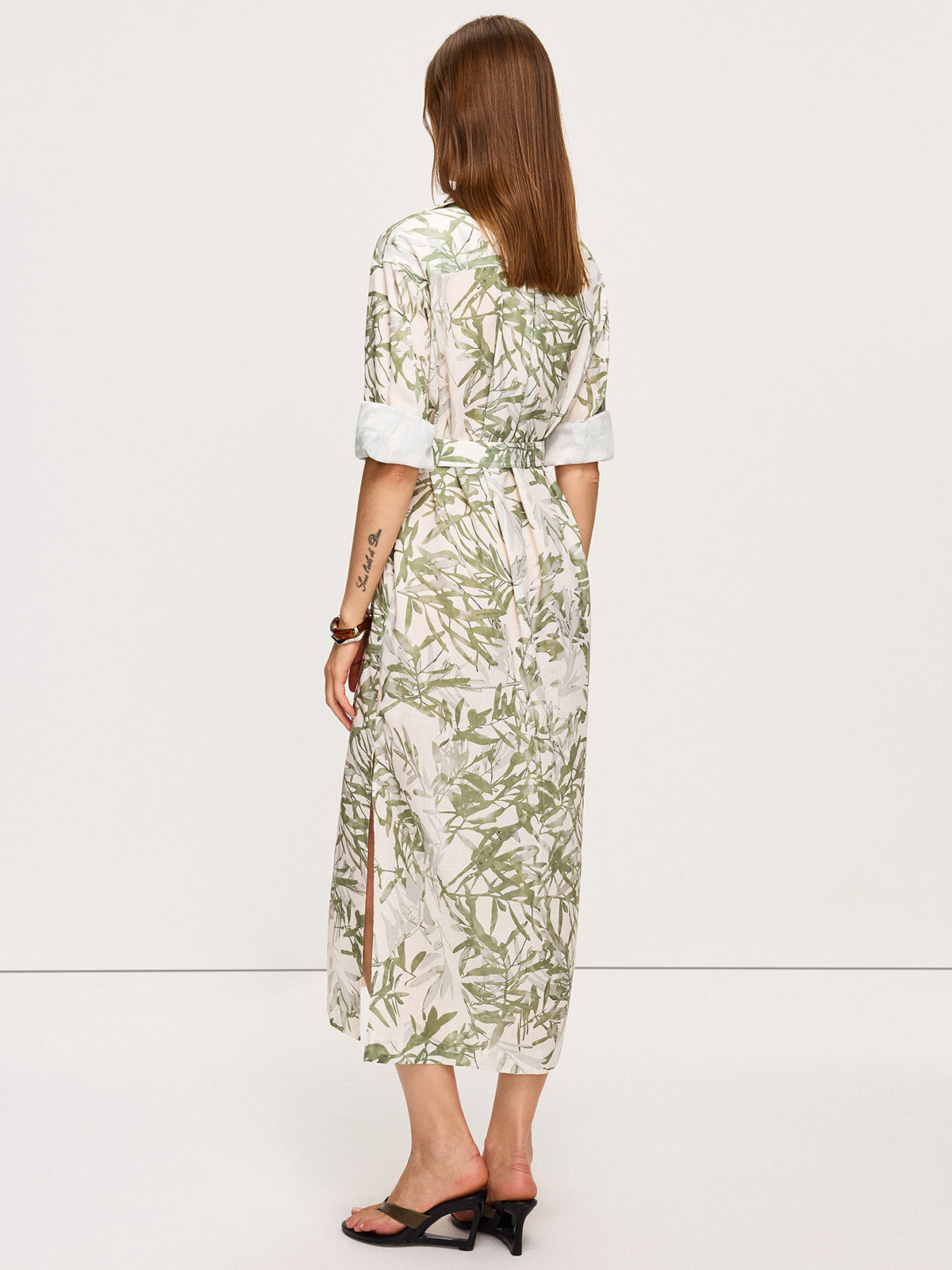 Leaf Printed  Belted Midi Dress with Slits-Massicos
