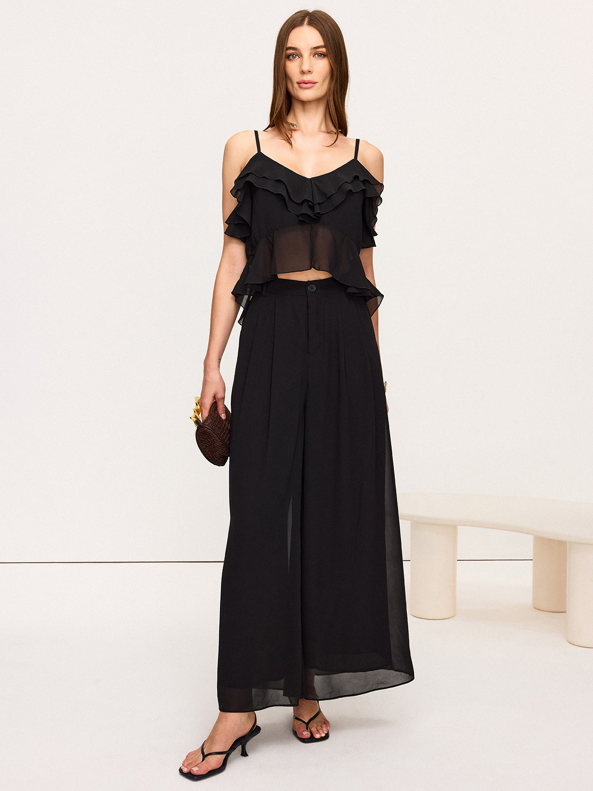 Chiffon Ruffle Top and Wide-Leg Pants Set-Massicos