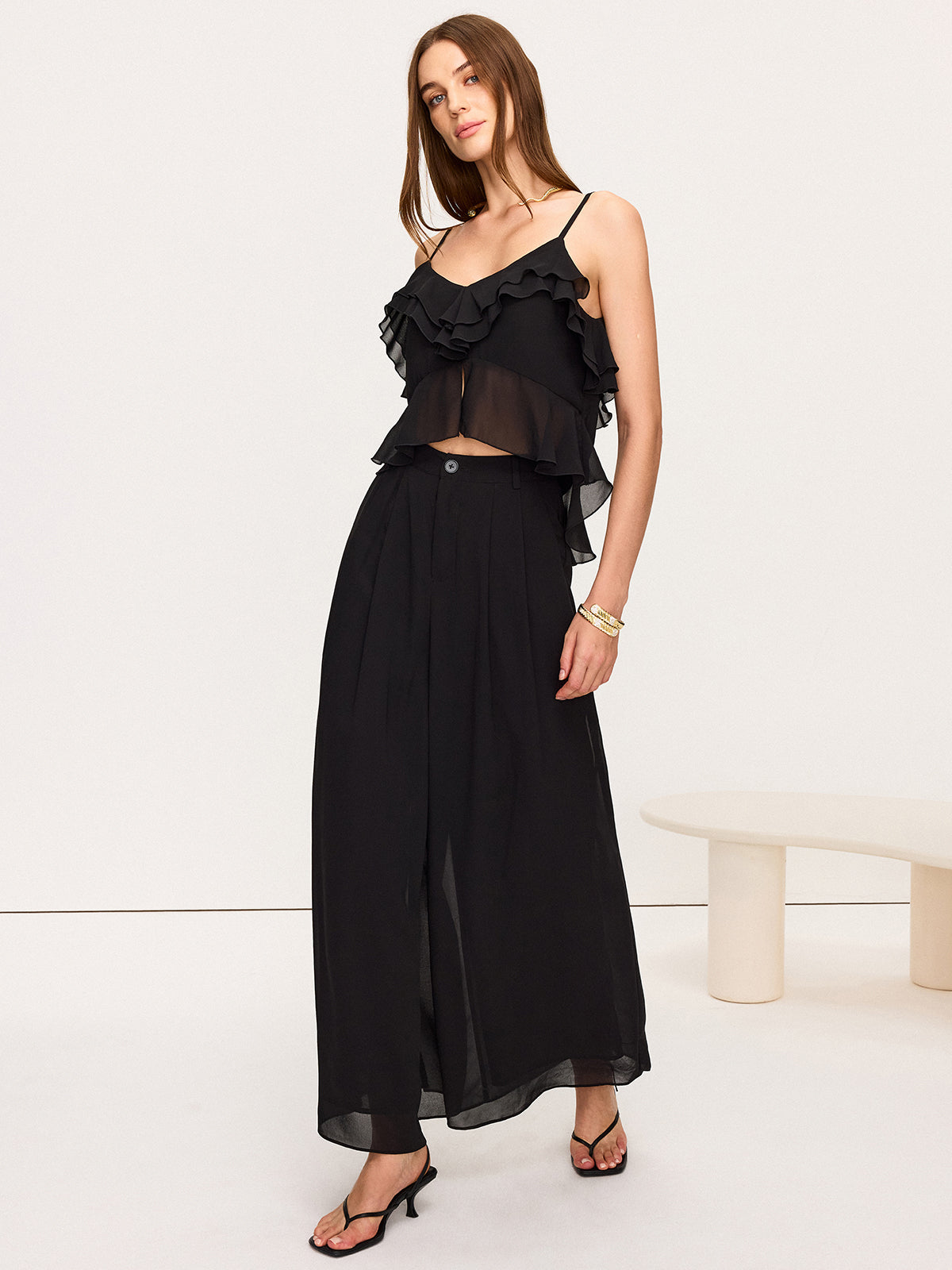 Chiffon Ruffle Top and Wide-Leg Pants Set-Massicos